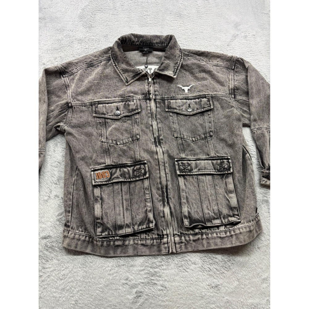 The Wild Collective Texas‎ Longhorns Grey Acid Wash Denim Zip Jacket Mens L NEW